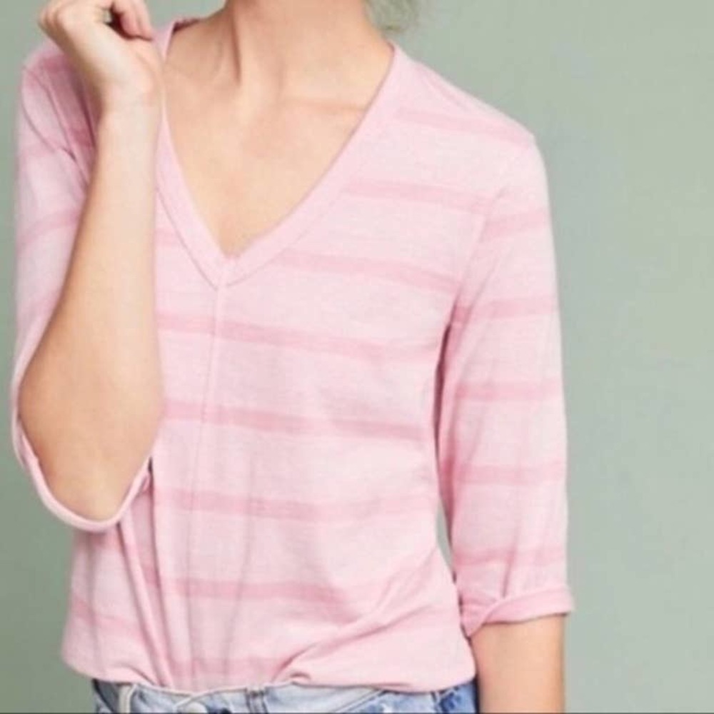 Anthropologie Left of Center Size XS Pink‎ Striped V Neck Top 3/4 Sleeve Shirt